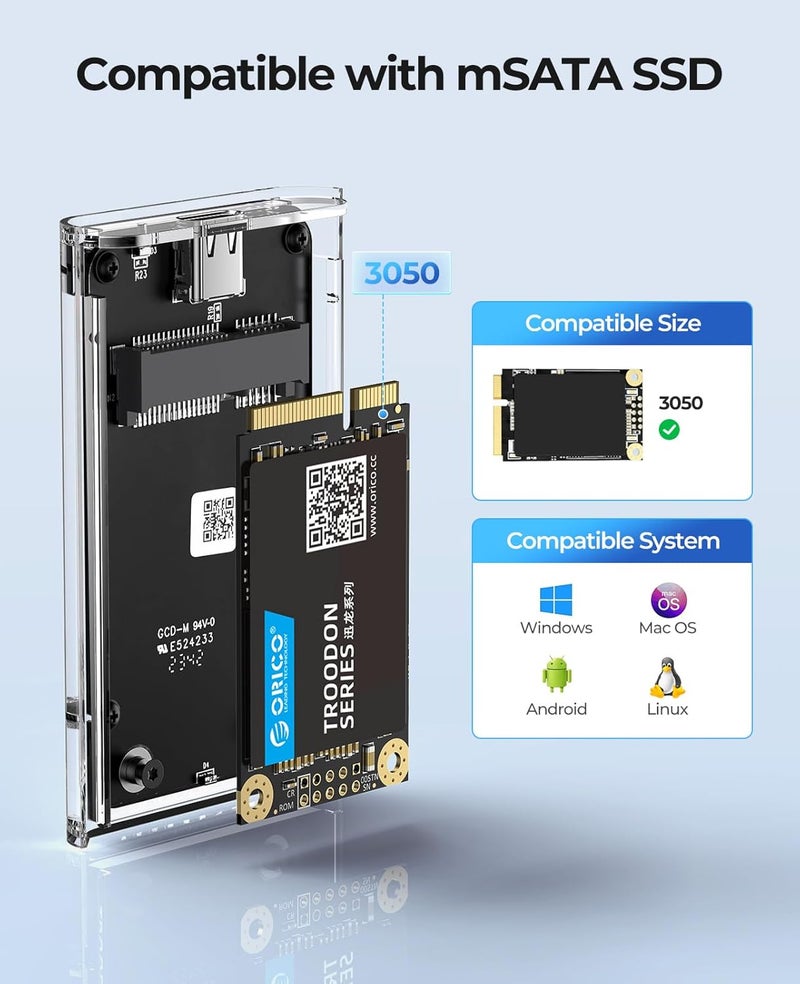 Orico حاوية SSD mSATA USB 3.0، محول SSD خارجي شفاف بسرعة 5Gbps مع كابل USB-C إلى C/A، دعم UASP و TRIM، سعة تصل إلى 2TB، علبة كمبيوتر محمولة لـ 3050 mSATA SSD - Image 2